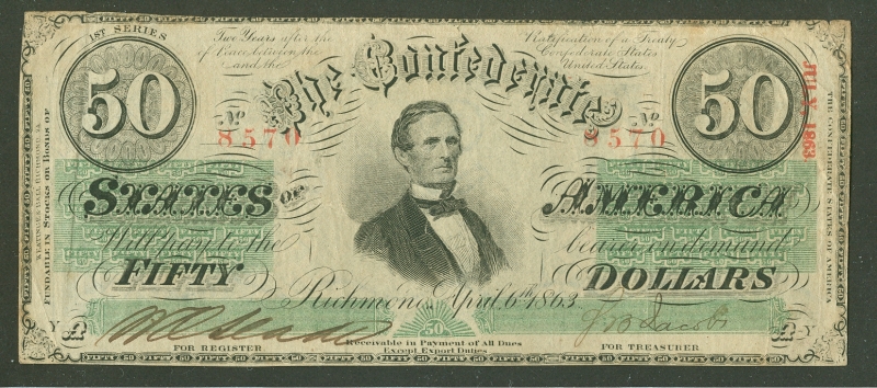 T57 1863 $50 Confederate States of America,VF